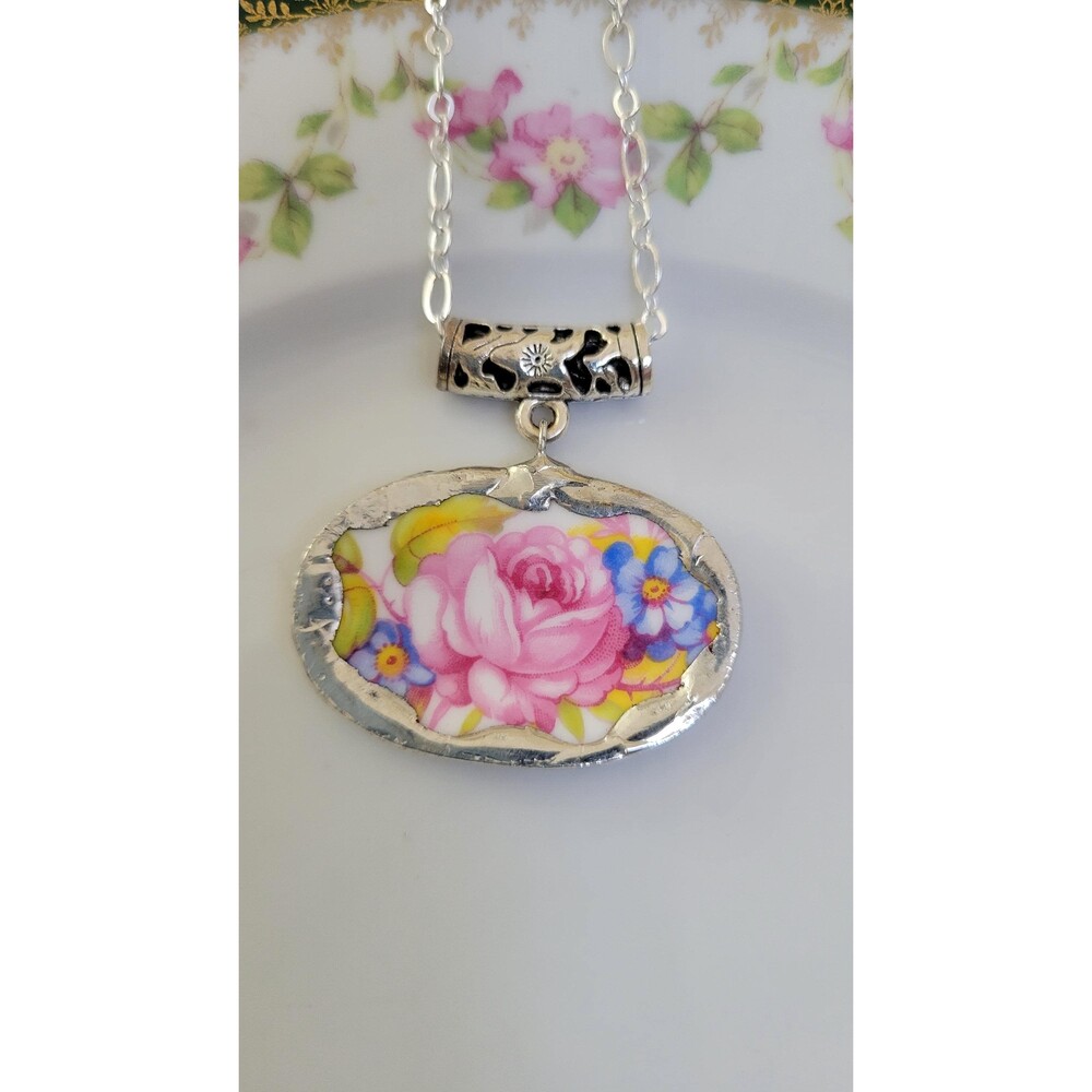 Vintage Pink Rose Broken China Pendant Necklace - Handcrafted Upcycled Jewelry